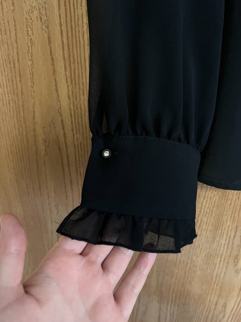 Zara Sheer Black Tuxedo Blouse White Collar Ruffle Front Size L - Picture 6 of 7
